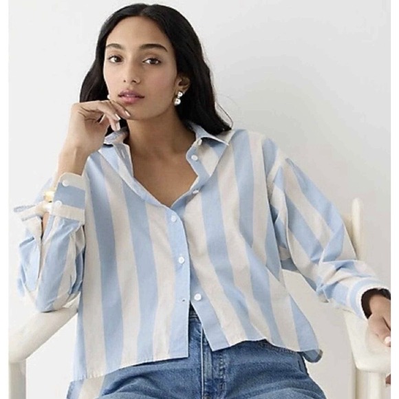 J. Crew Tops - J. Crew Collection Blue Relaxed Fit Button Up Cropped Shirt In Barlow Stripe 10